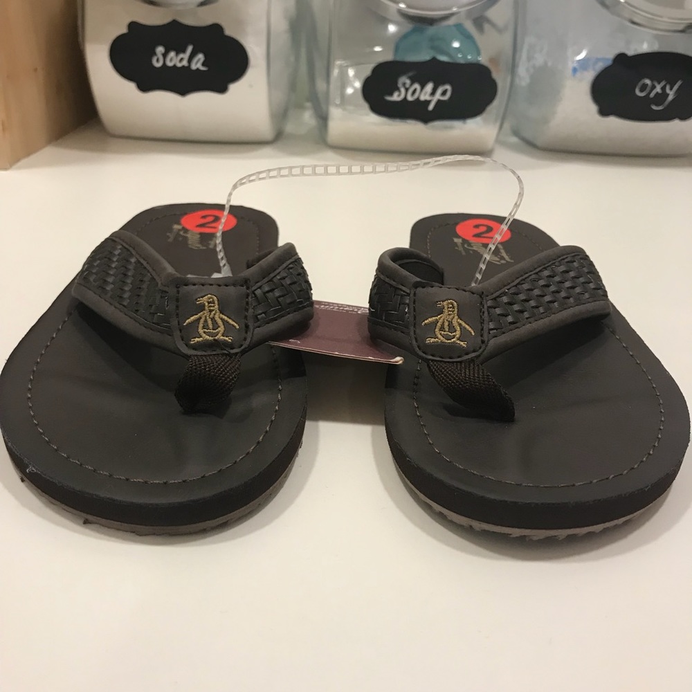 Penguin Woven “leather” flip flops